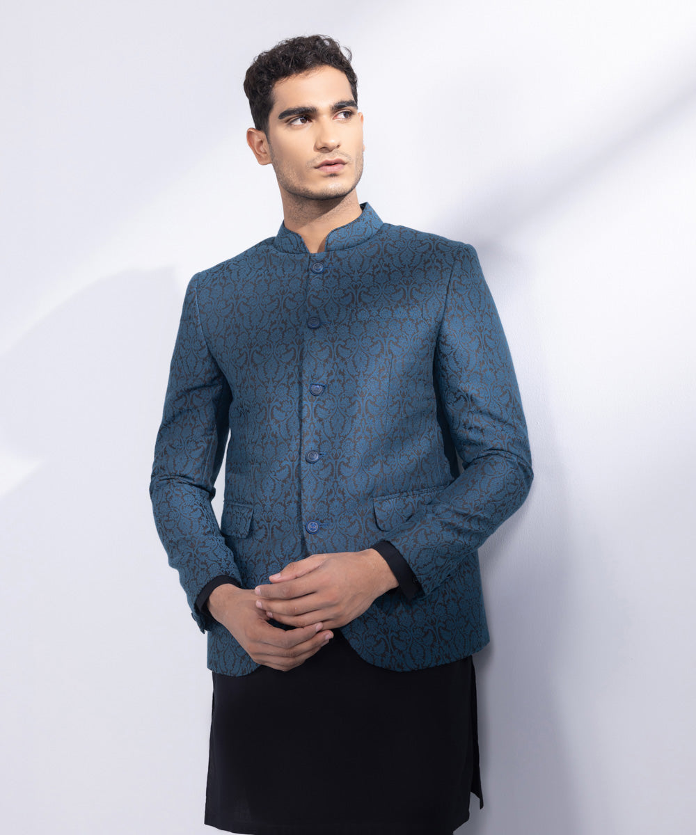 Men's Stitched Blue Jamawar Karandi Prince Coat