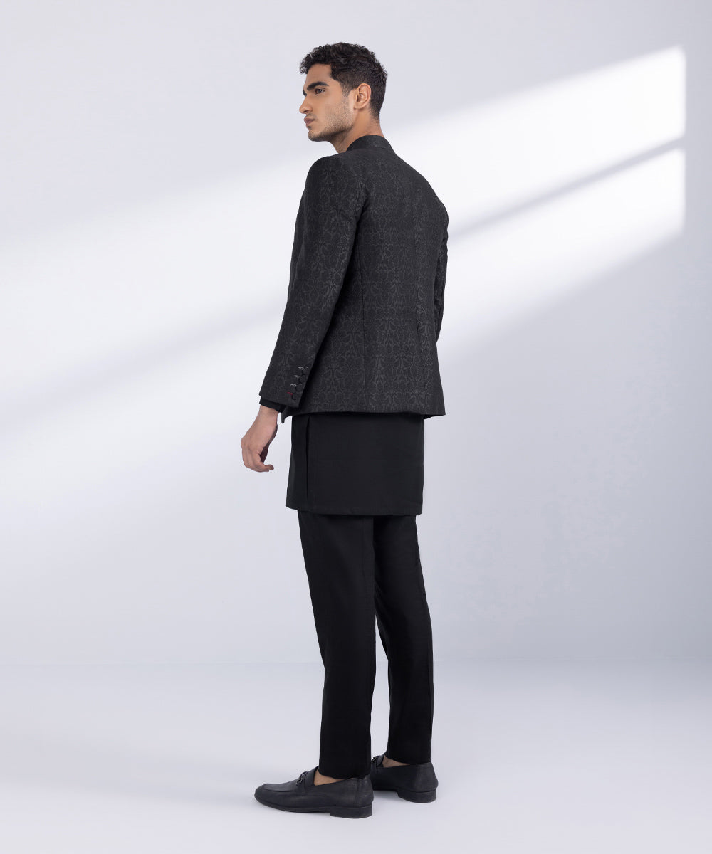 Men's Stitched Black Jamawar Karandi Prince Coat