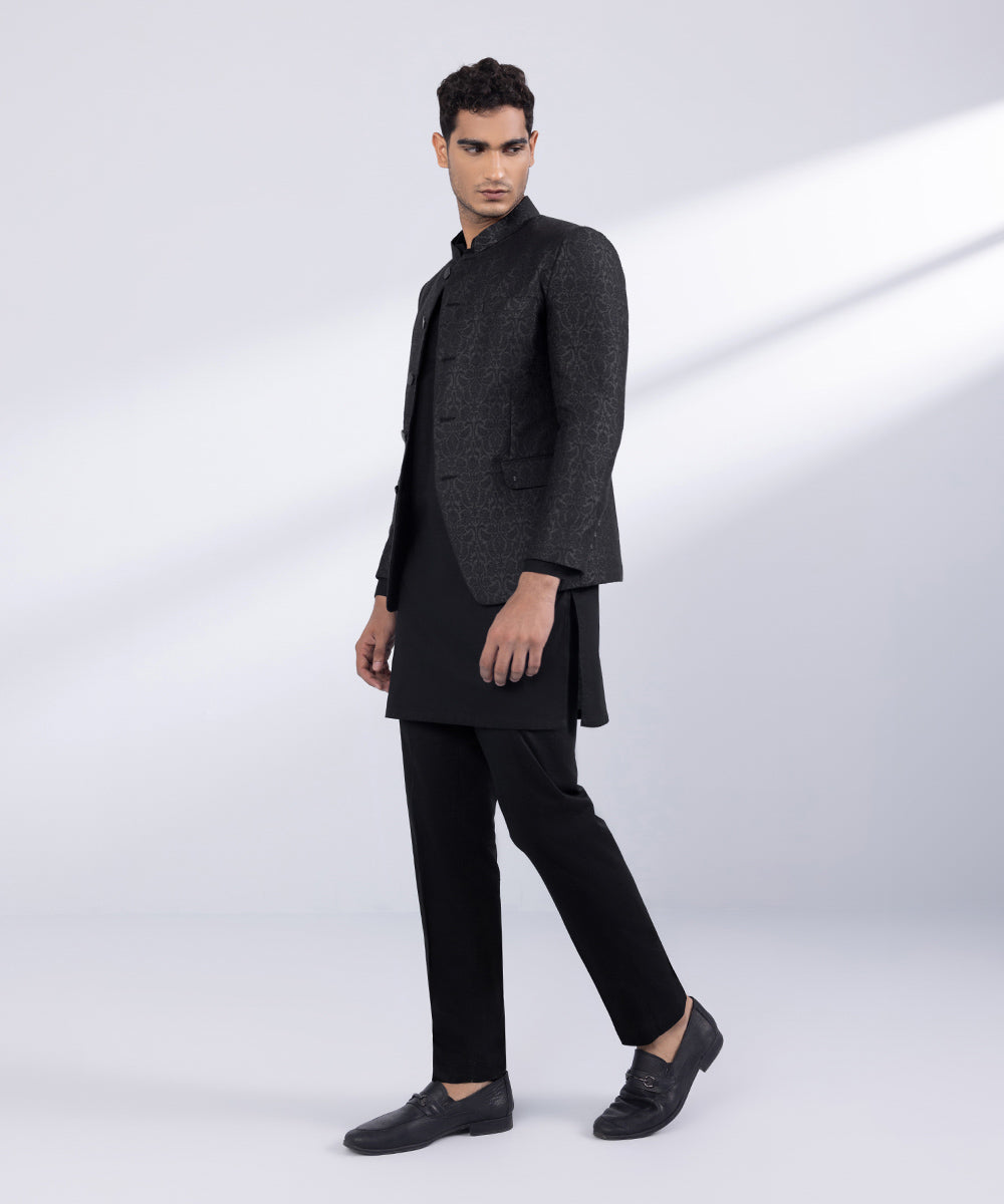 Men's Stitched Black Jamawar Karandi Prince Coat