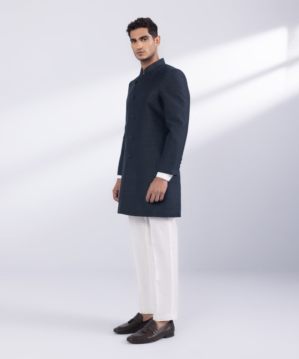 Men's Stitched Indigo Jamawar Karandi Sherwani