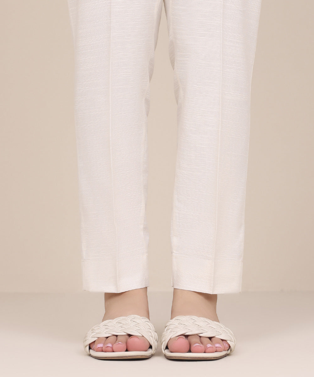 Women's Pret Khaddar Off White Solid Cigarette Pants