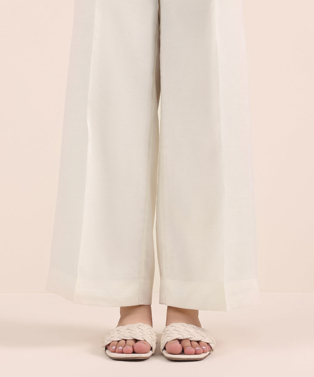 Women's Pret Viscose Raw Silk Off White Dyed Culottes