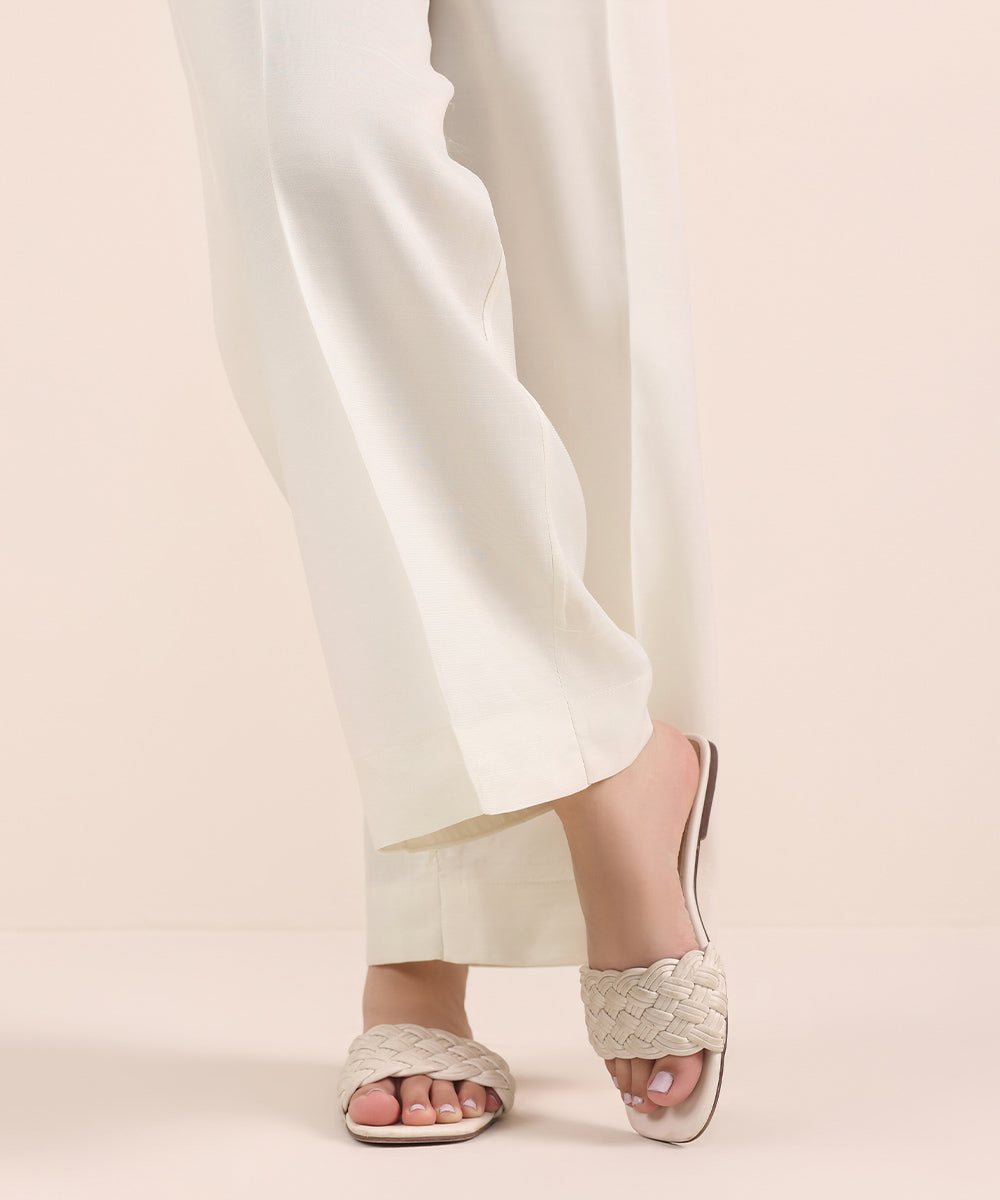 Women's Pret Viscose Raw Silk Off White Dyed Culottes