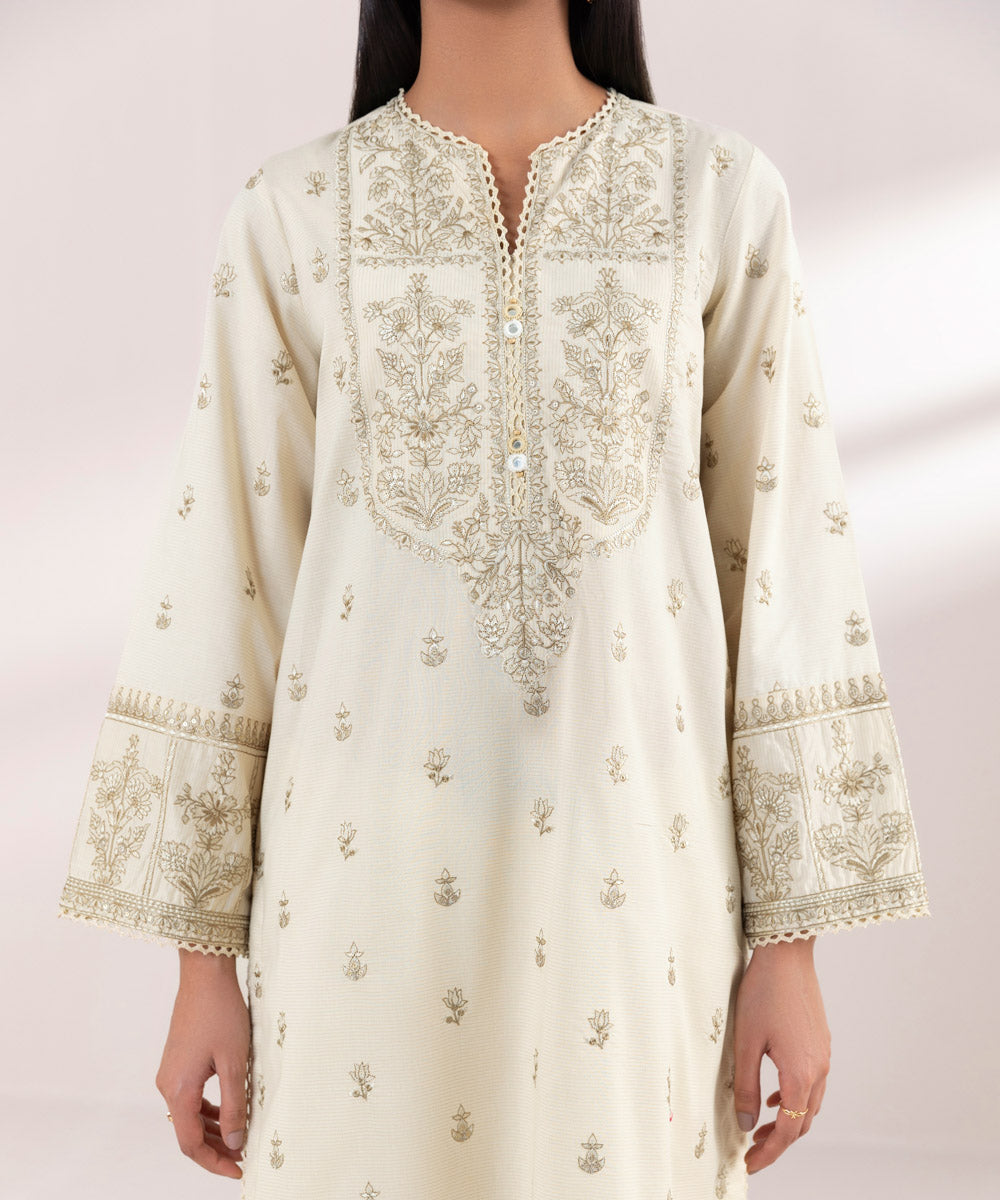 Women's Pret Zari Lawn Embroidered Beige A-Line Shirt