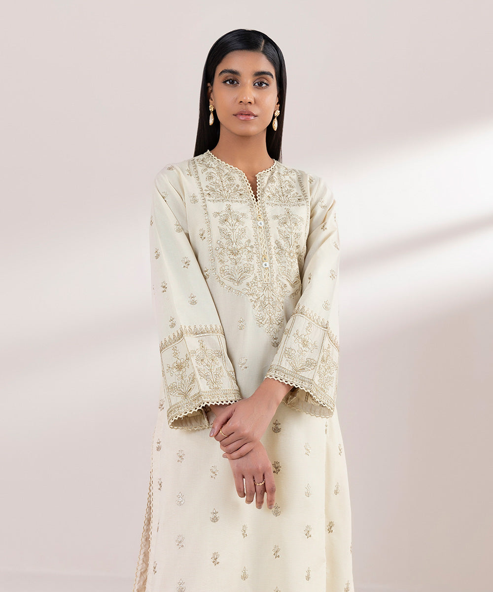 Women's Pret Zari Lawn Embroidered Beige A-Line Shirt