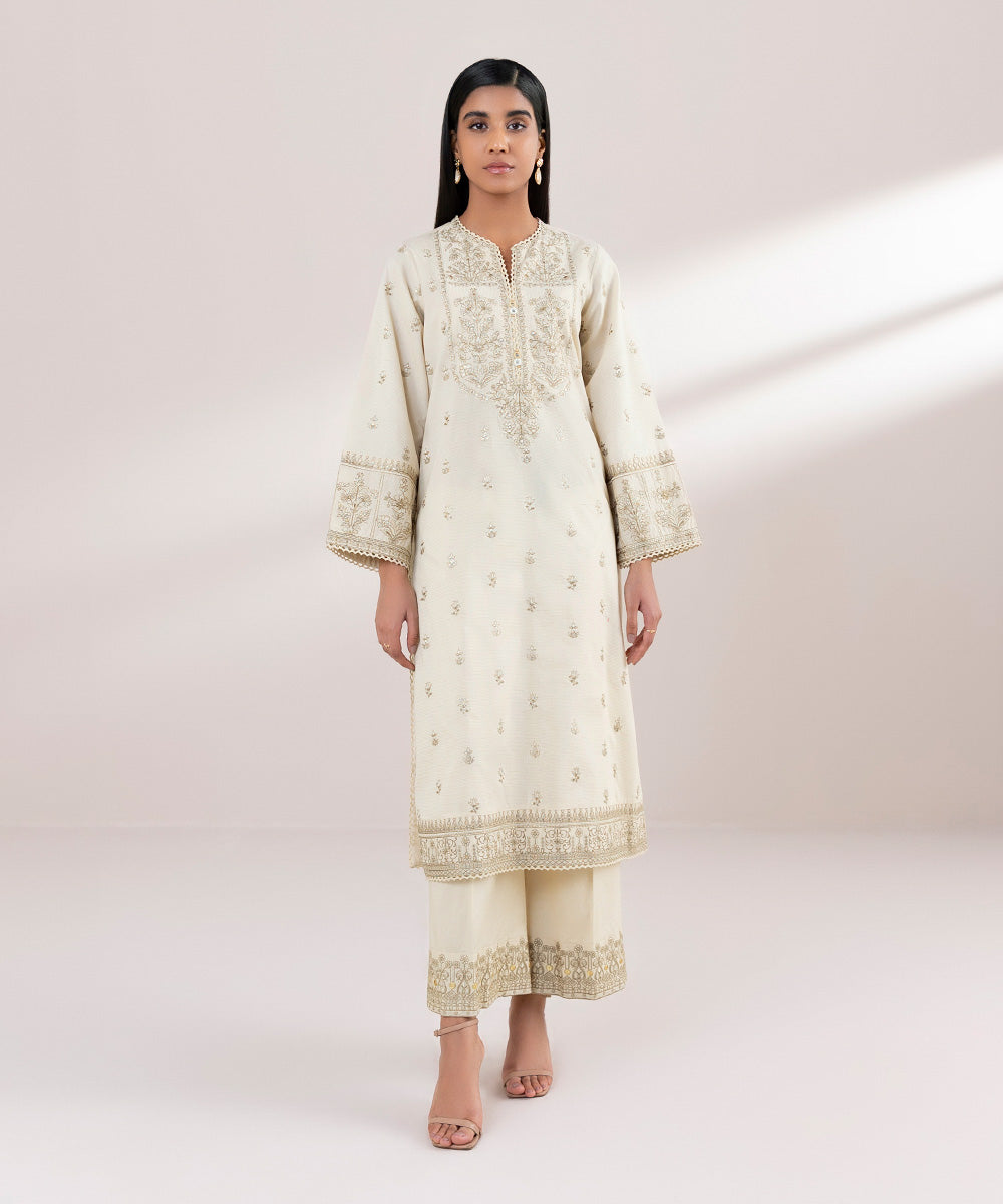 Women's Pret Zari Lawn Embroidered Beige A-Line Shirt