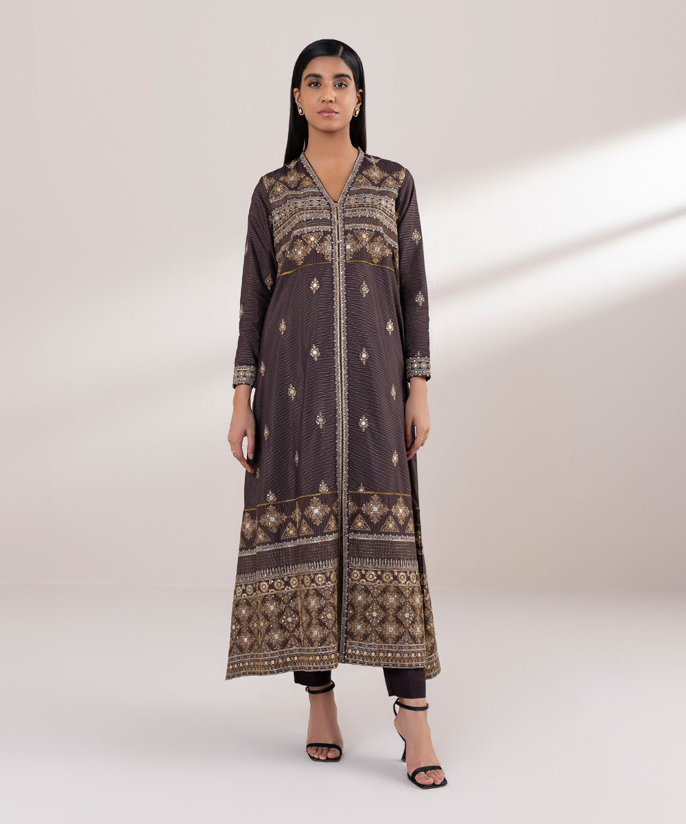 Women's Pret Zari Lawn Embroidered Brown A-Line Shirt