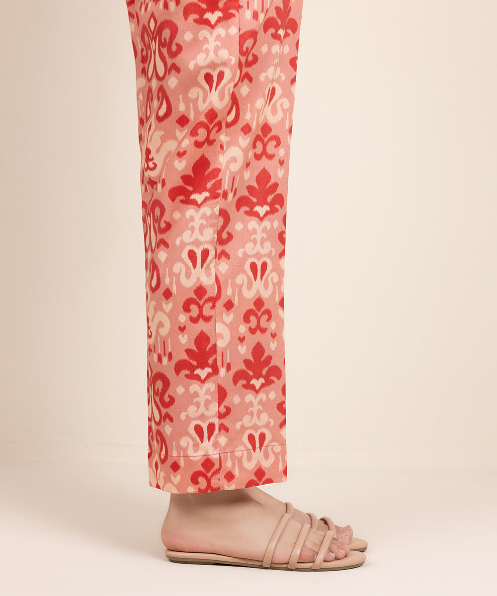 Women's Pret Cotton Viscose Printed Red Straight Pants