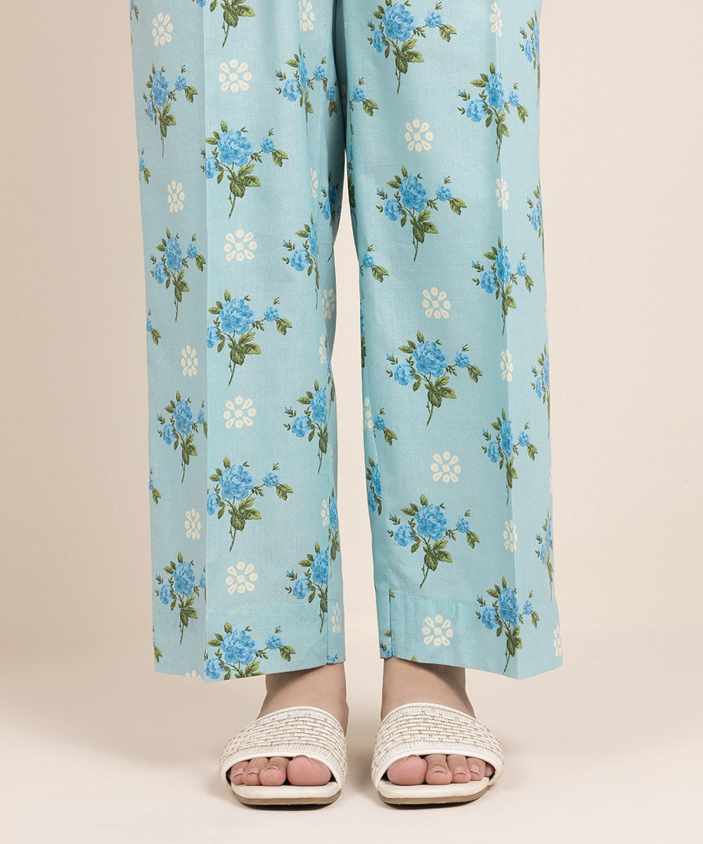 Women's Pret Cotton Viscose Printed Blue Straight Pants