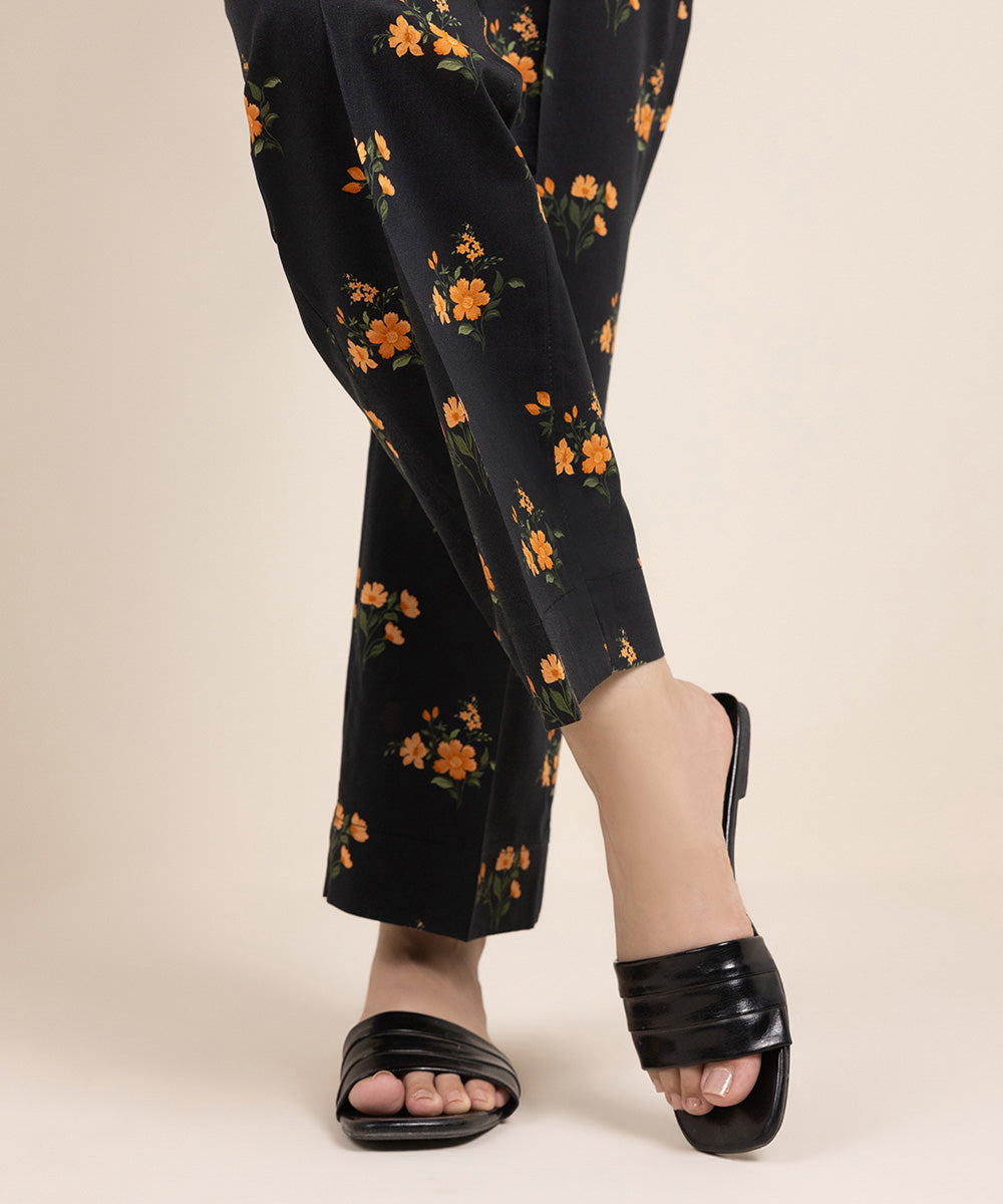 Women's Pret Cotton Viscose Printed Black Straight Pants