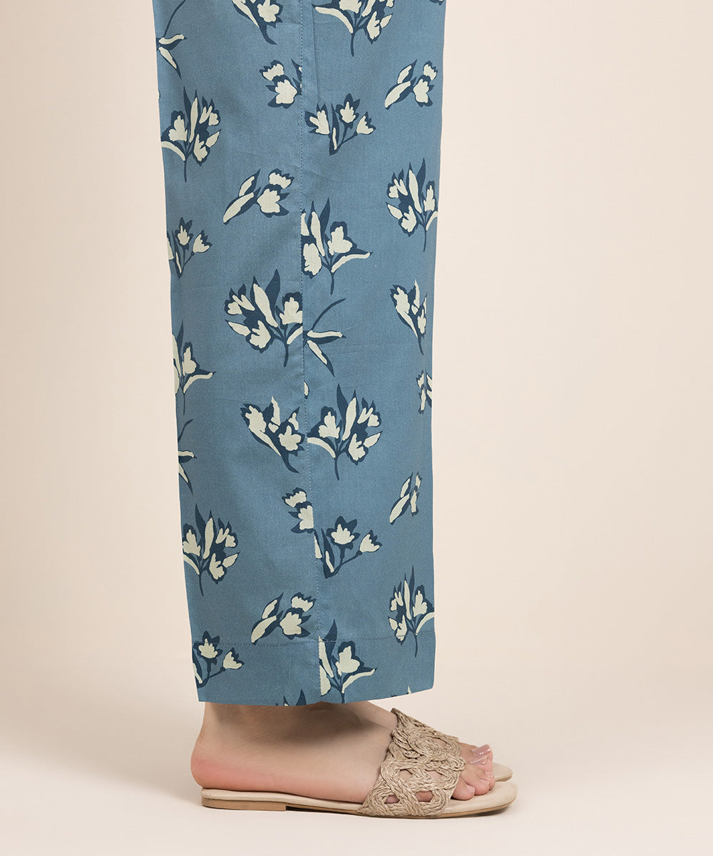 Women's Pret Cotton Viscose Printed Blue Straight Pants