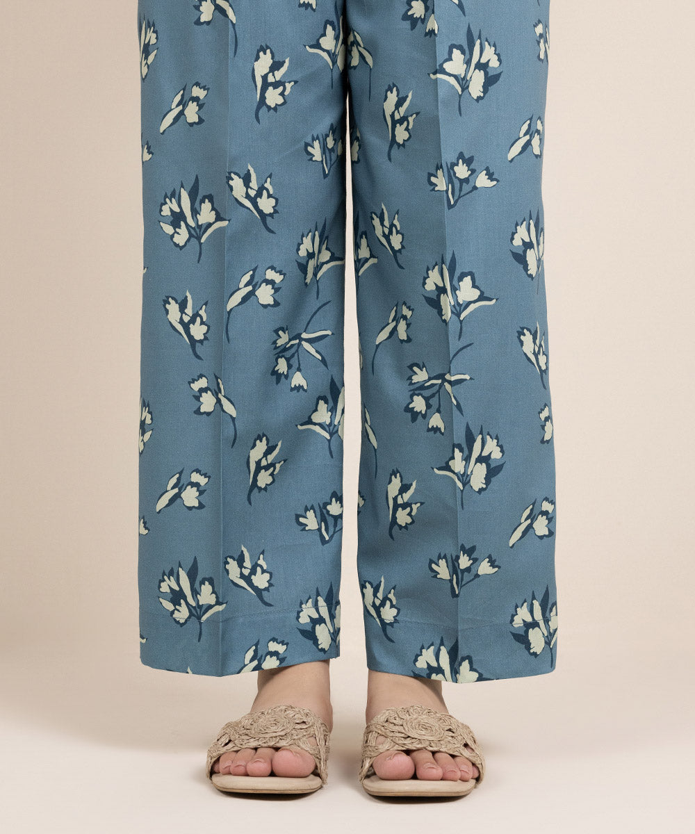 Women's Pret Cotton Viscose Printed Blue Straight Pants