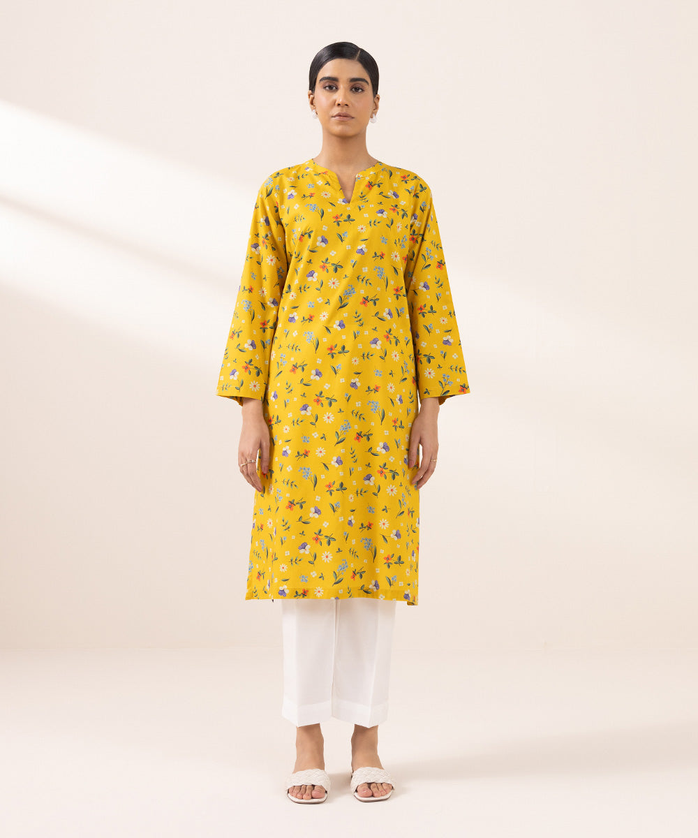 Women's Pret Cotton Viscose Printed Yellow Straight Shirt