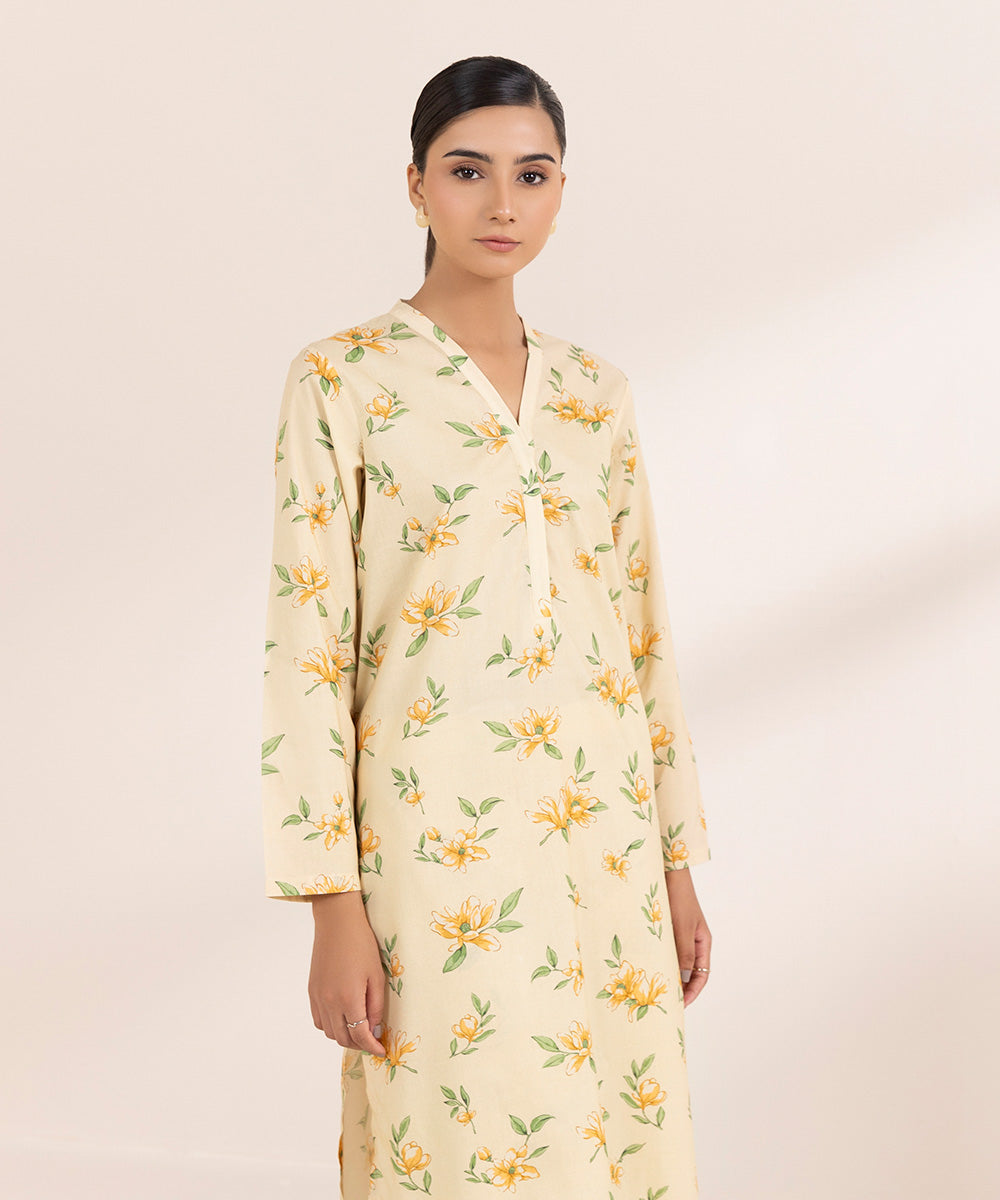 Women's Pret Cotton Viscose Printed Yellow Straight Shirt