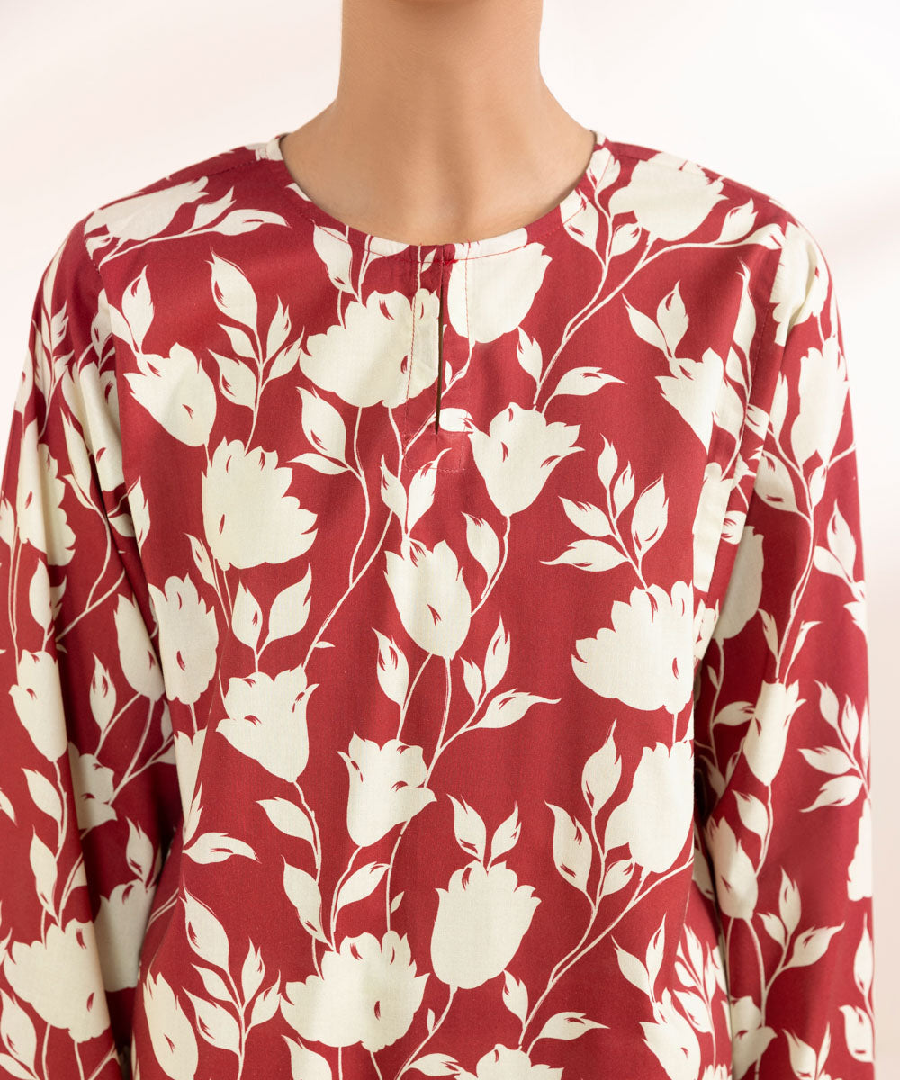 Women's Pret Cotton Viscose Printed Red Boxy Shirt