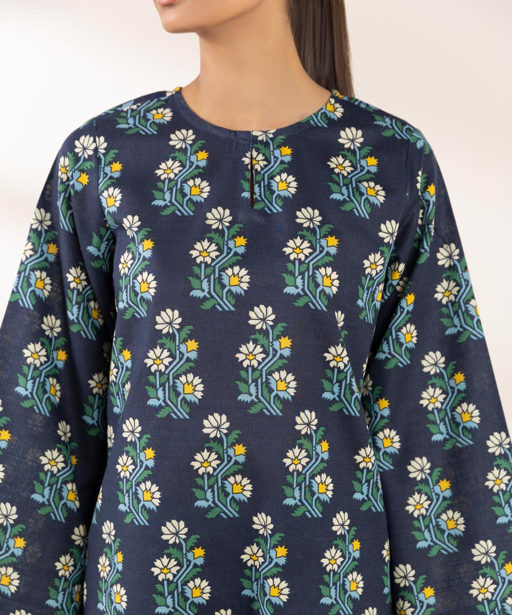 Women's Pret Khaddar Printed Blue A-Line Shirt