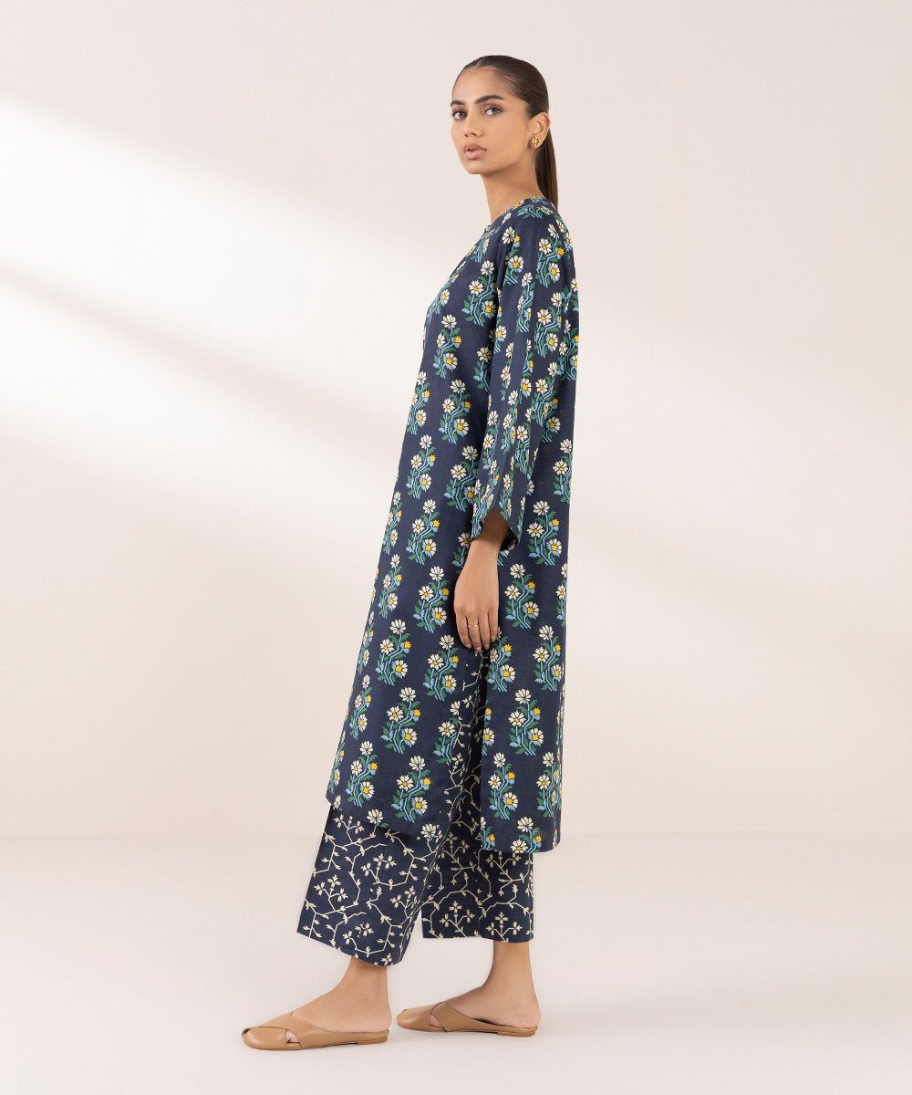 Women's Pret Khaddar Printed Blue A-Line Shirt