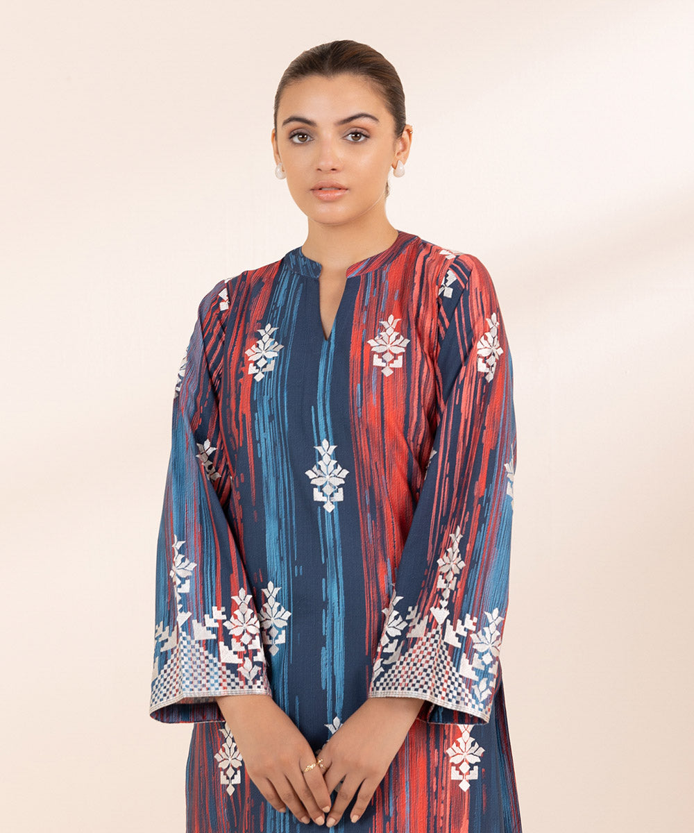 Women's Pret Cambric Multi Printed Embroidered A-Line Shirt