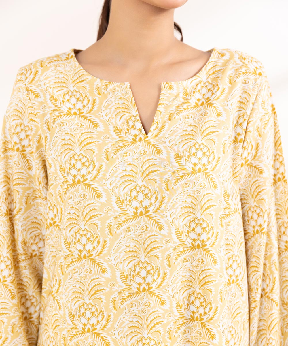 Women's Pret Cotton Viscose Printed Yellow A-Line Shirt