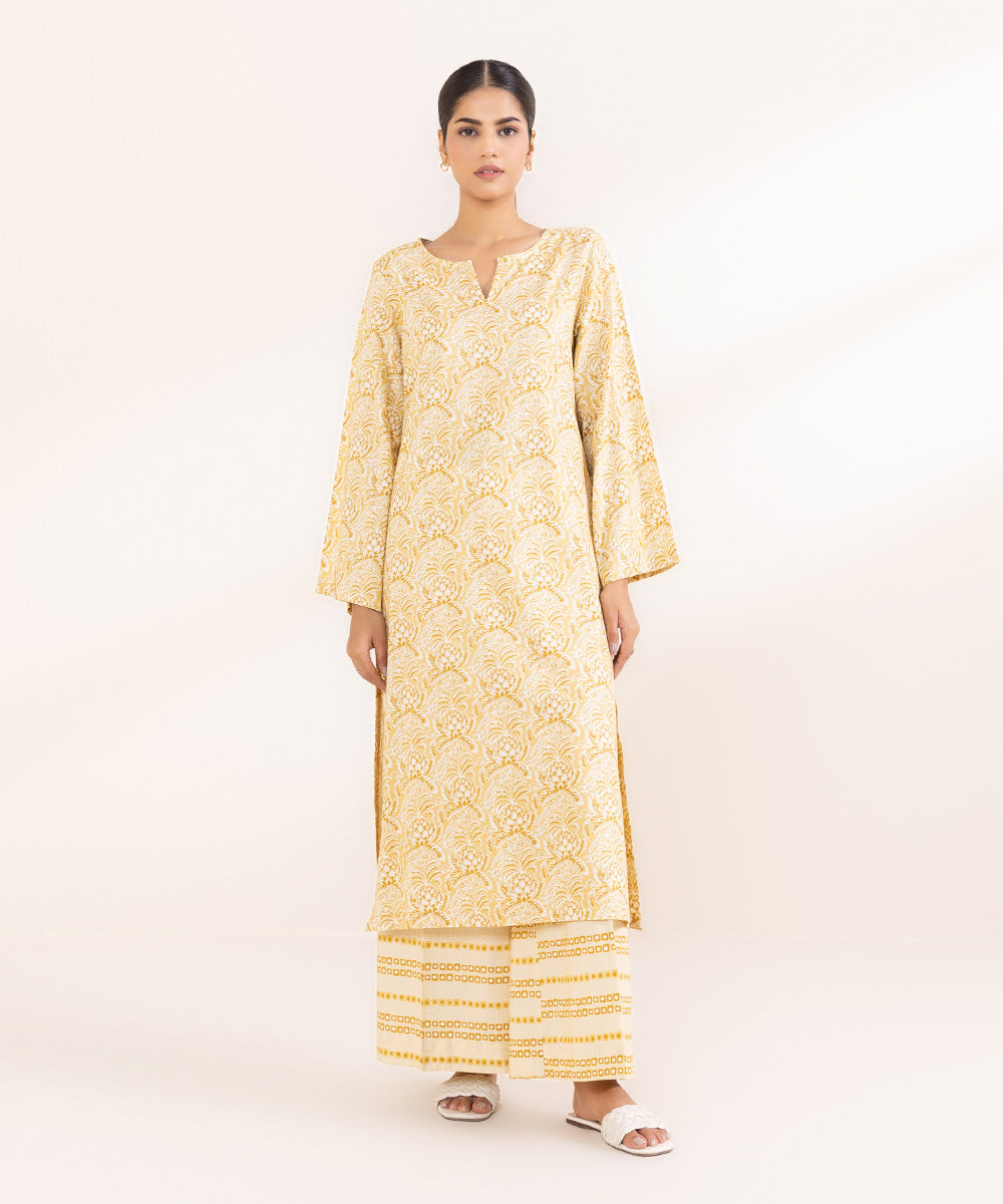 Women's Pret Cotton Viscose Printed Yellow A-Line Shirt