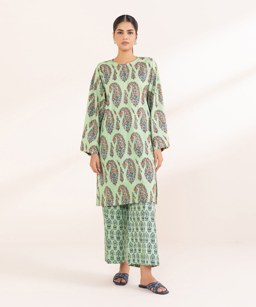 Women's Pret Cotton Viscose Printed Green Boxy Shirt