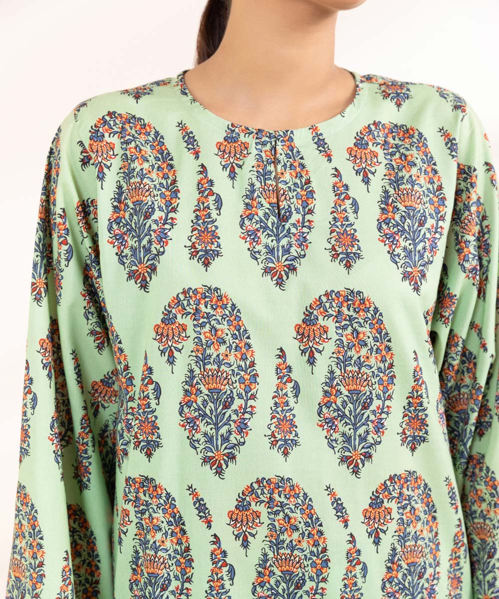 Women's Pret Cotton Viscose Printed Green Boxy Shirt