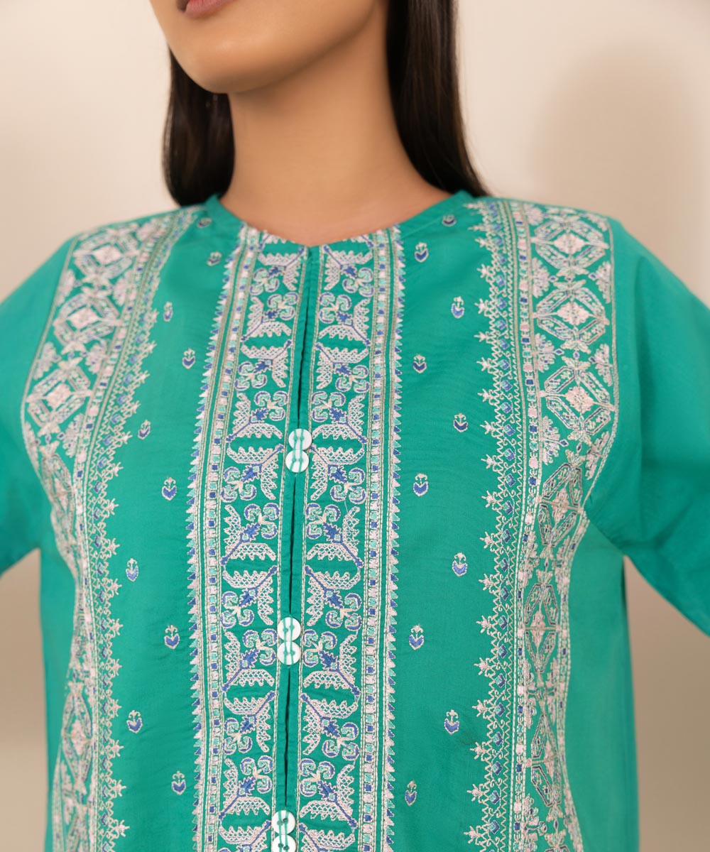 Women's Pret Cambric Green Embroidered A-Line Shirt