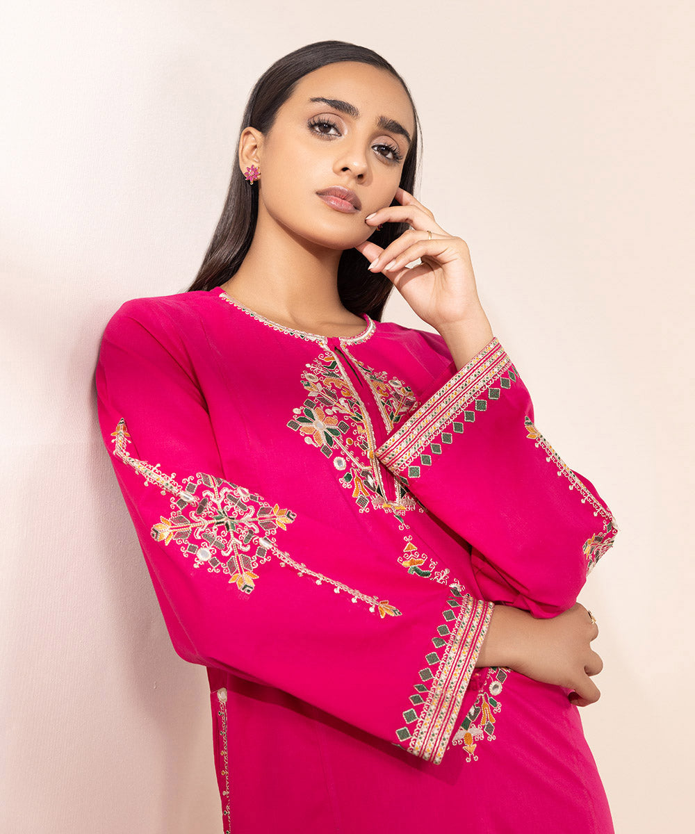 Women's Pret Cambric Pink Embroidered A-Line Shirt