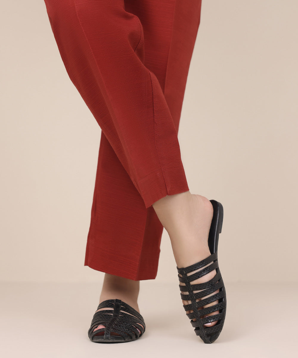 Women's Pret Khaddar Red Solid Straight Pants