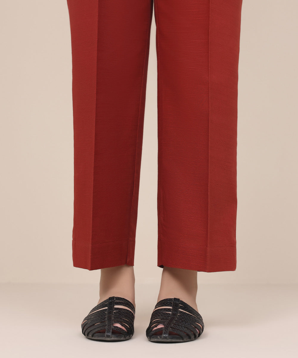 Women's Pret Khaddar Red Solid Straight Pants