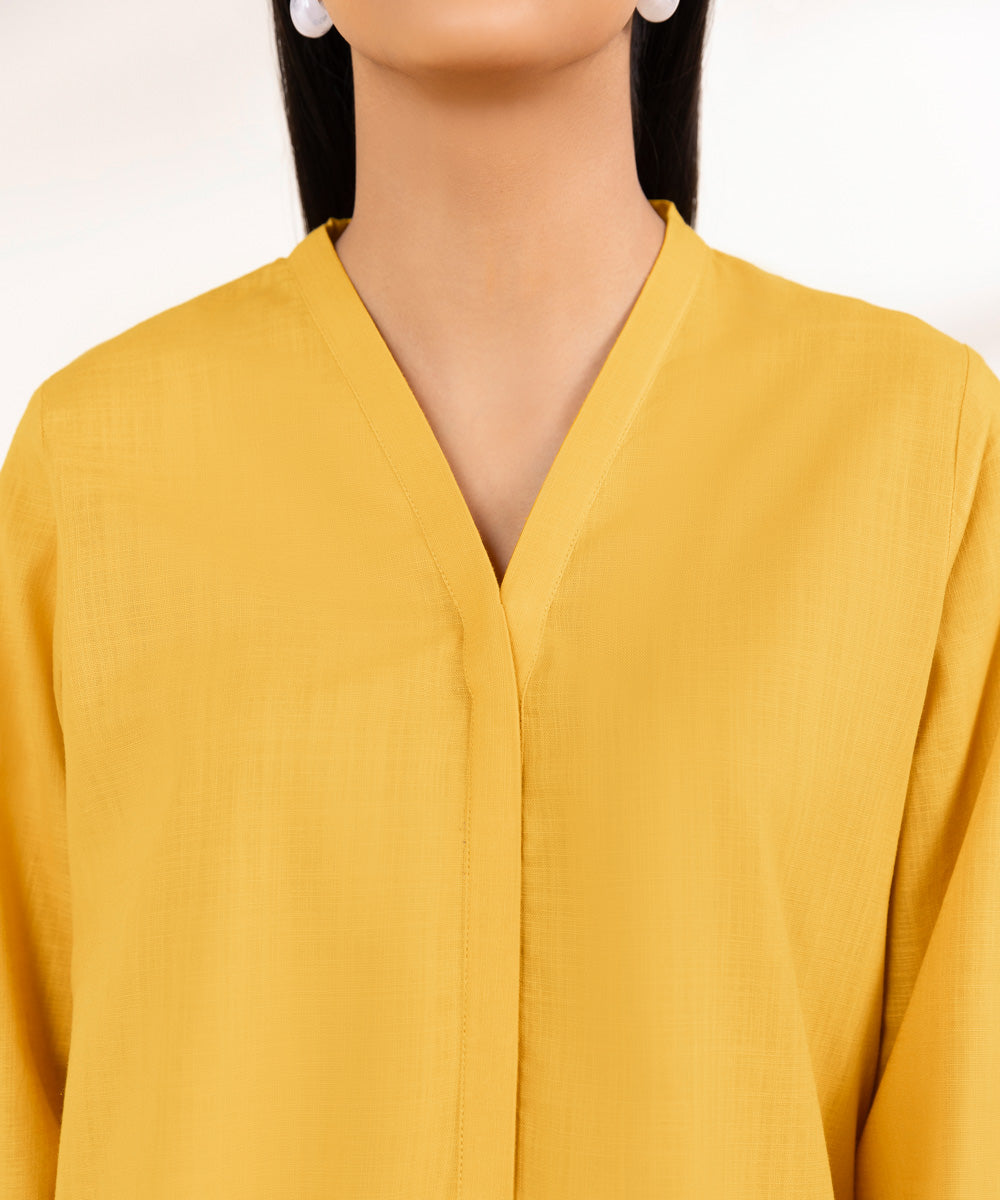 Women's Pret Cross Hatch Yellow Solid A-Line Shirt