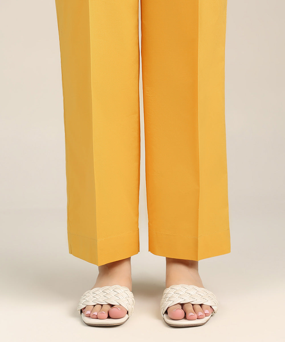 Women's Pret Cambric Yellow Solid Straight Pants