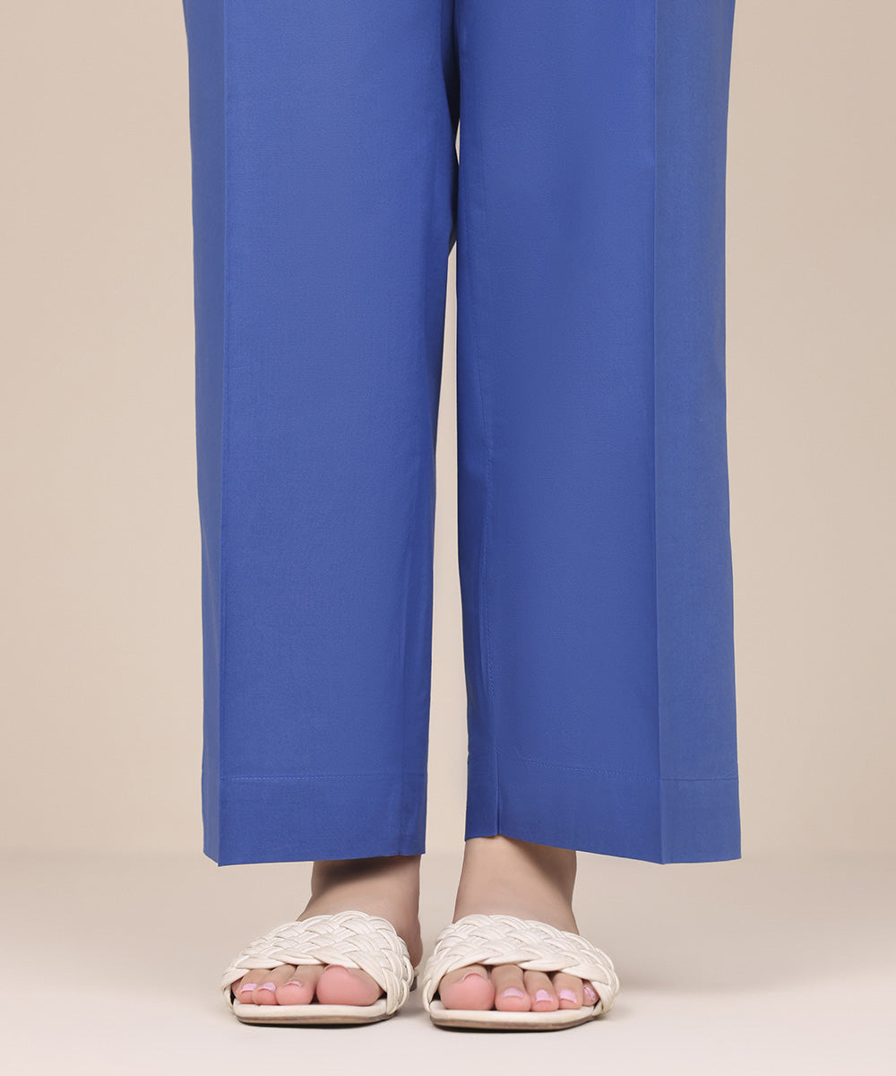 Women's Pret Cambric Blue Solid Straight Pants