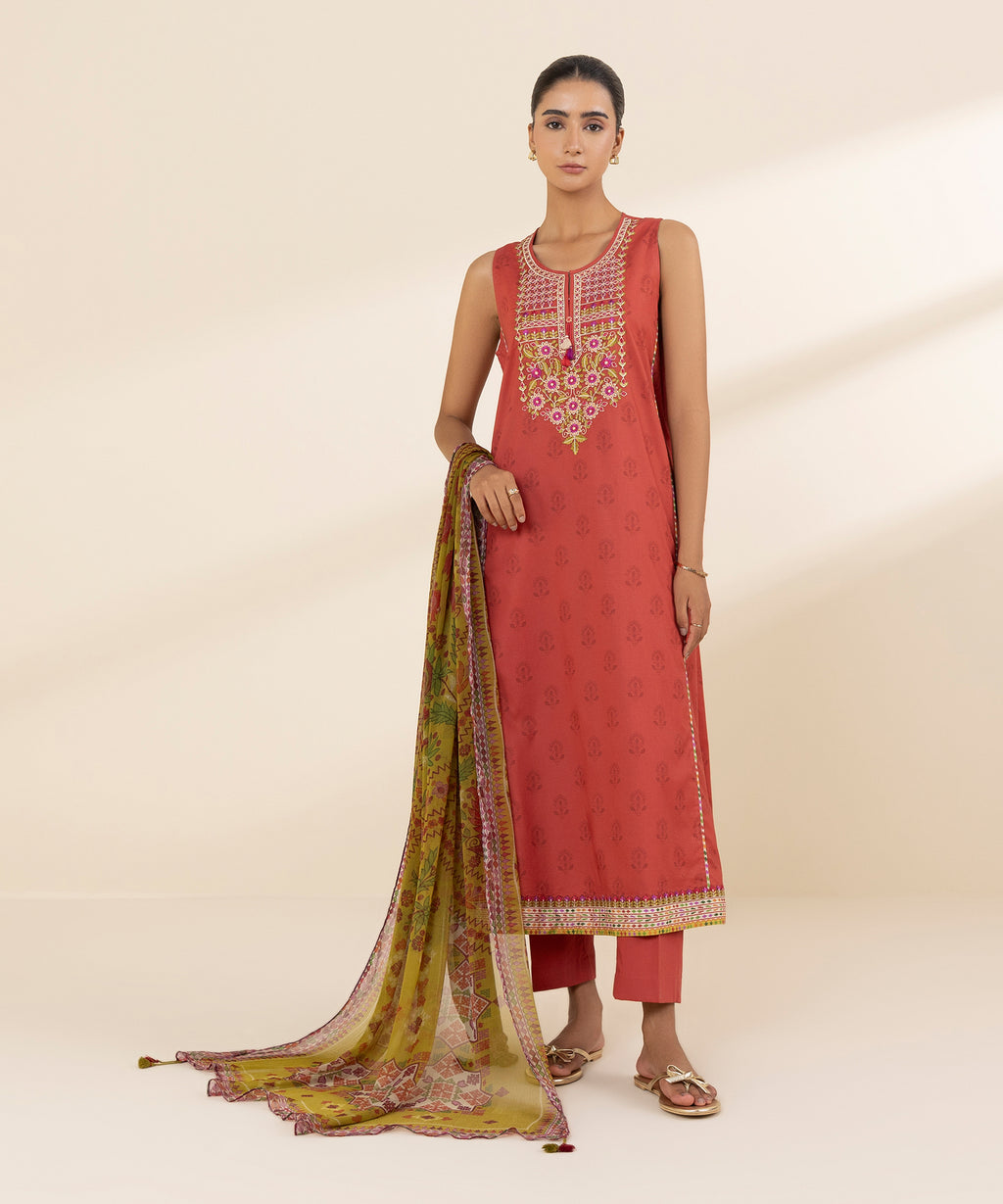 Women's Unstitched Lawn Embroidered Red 3 Piece Suit