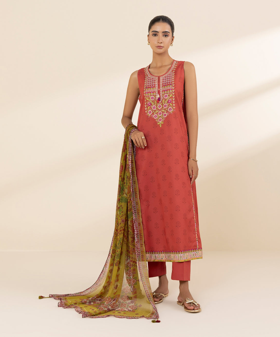 Women's Unstitched Lawn Embroidered Red 3 Piece Suit