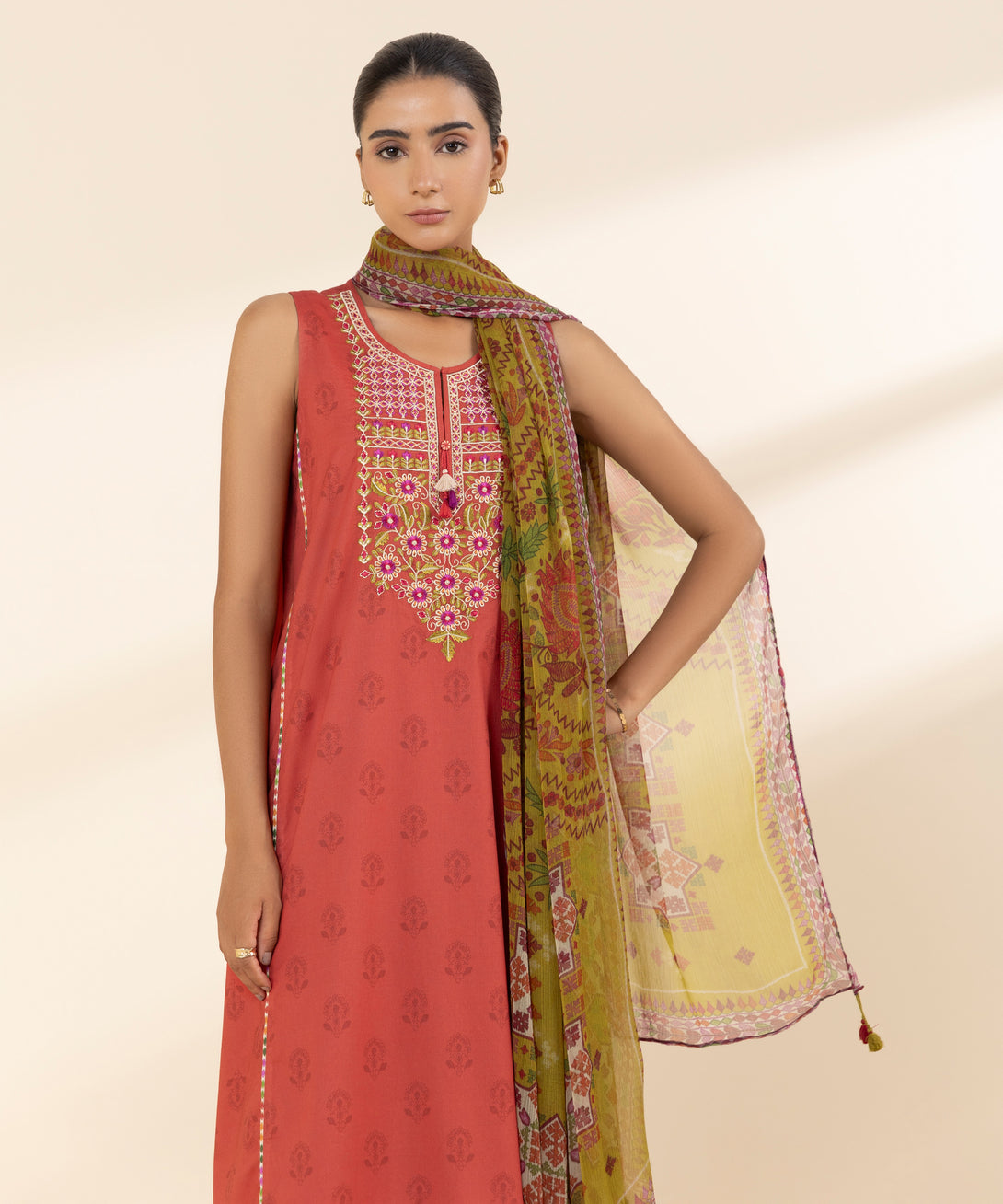 Women's Unstitched Lawn Embroidered Red 3 Piece Suit