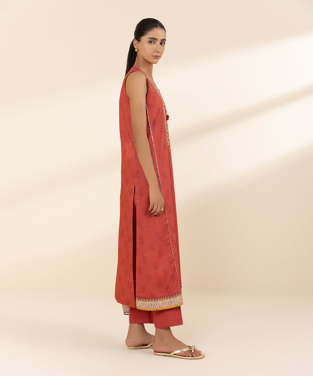 Women's Unstitched Lawn Embroidered Red 3 Piece Suit