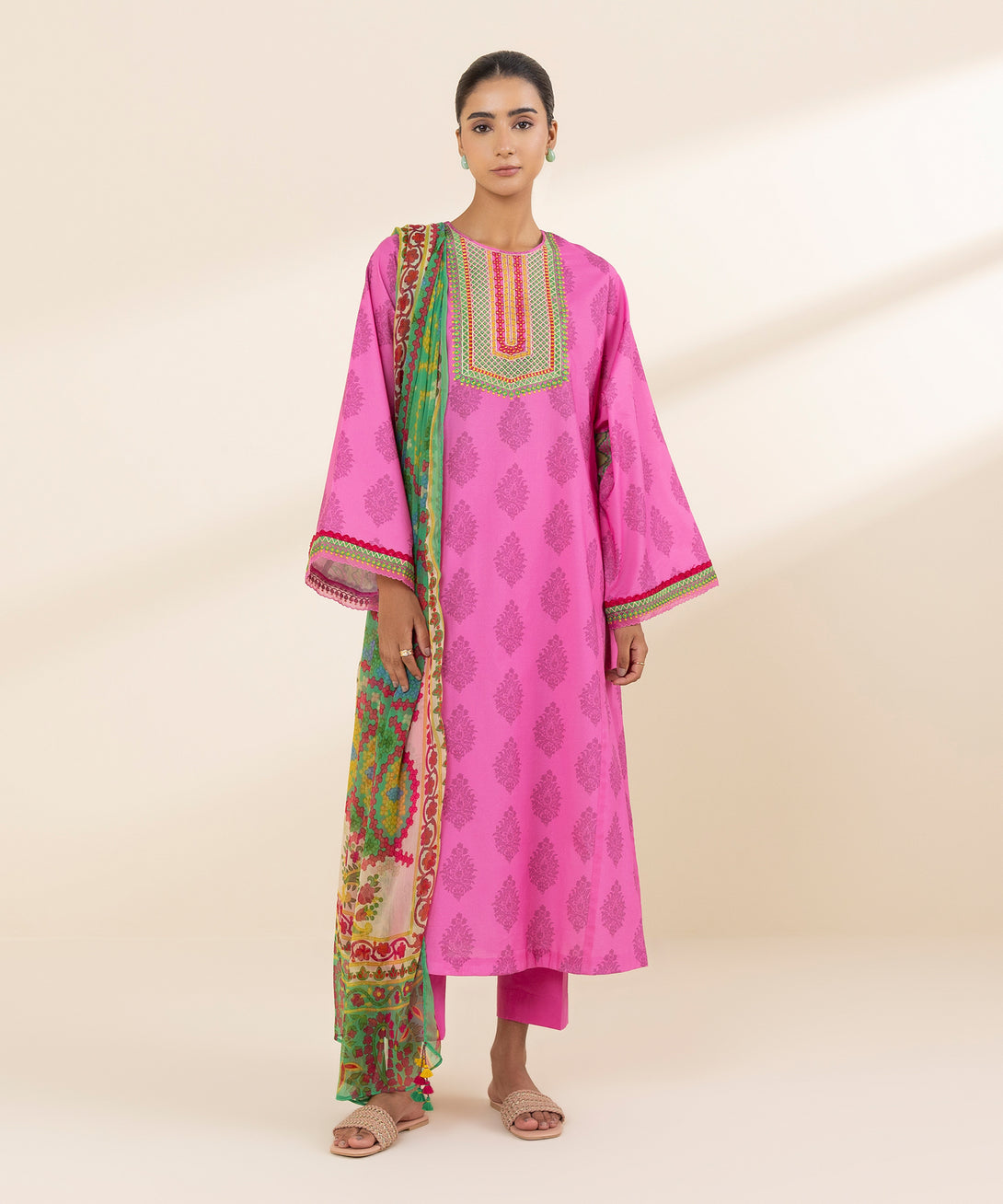 Women's Unstitched Lawn Embroidered Pink 3 Piece Suit