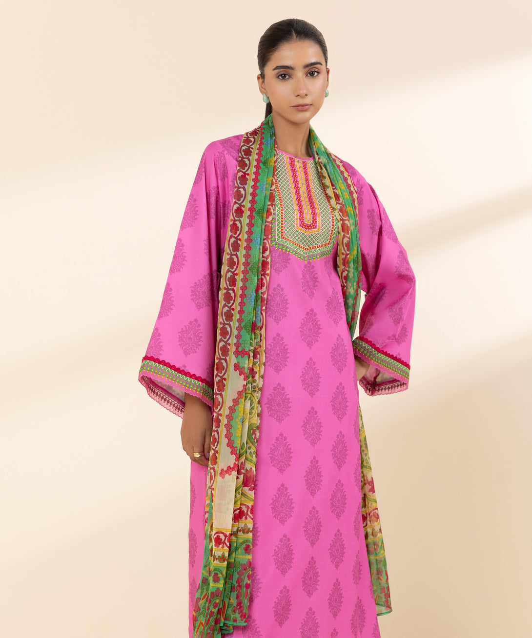 Women's Unstitched Lawn Embroidered Pink 3 Piece Suit