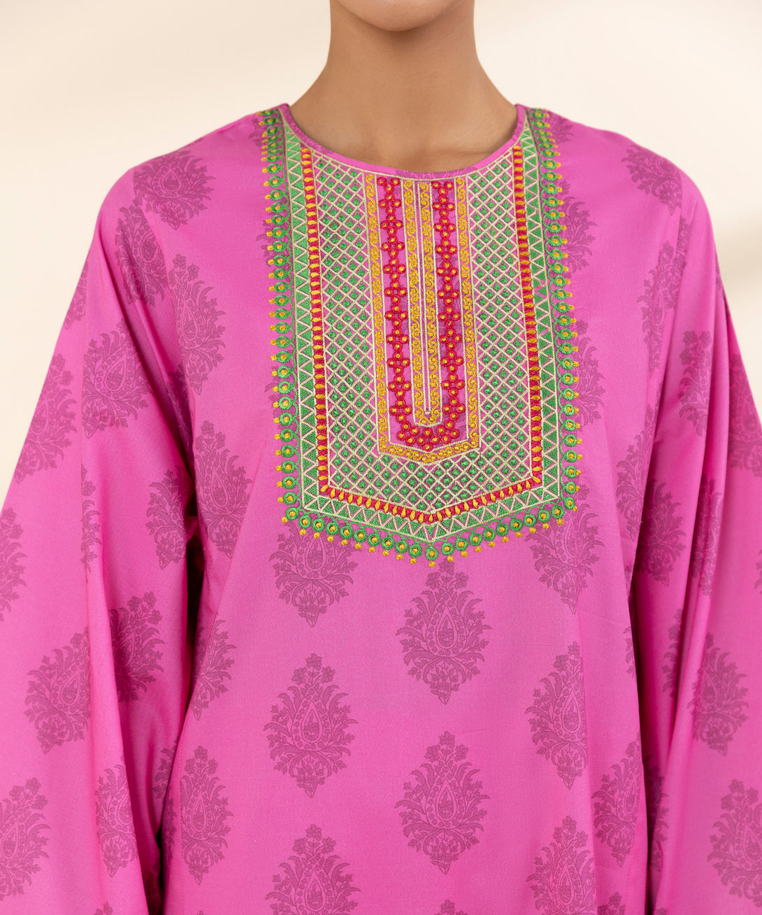 Women's Unstitched Lawn Embroidered Pink 3 Piece Suit
