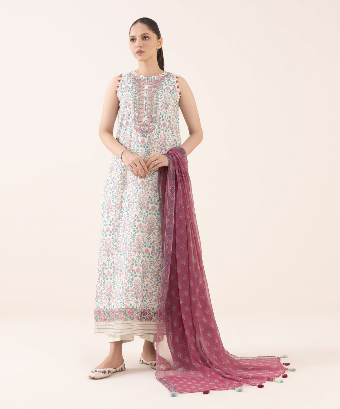 Women's Unstitched Cotton Embroidered Multi Three Piece Suit