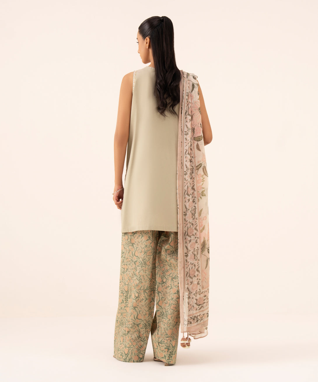 Women's Unstitched Cotton Viscose Embroidered Beige 3 Piece Suit