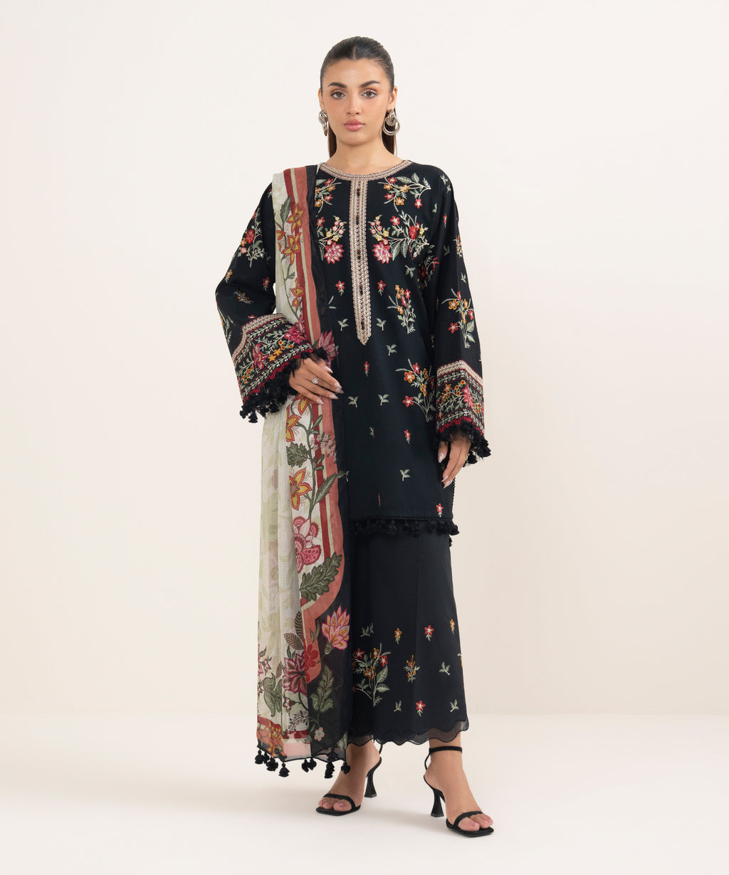 Women's Unstitched Dobby Embroidered Black 3 Piece Suit