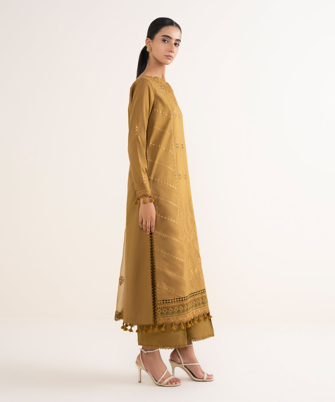 Women's Unstitched Lawn Embroidered Brown 3 Piece Suit