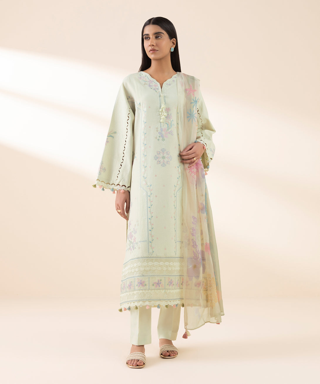 Women's Unstitched Dobby Embroidered Off White 3 Piece Suit