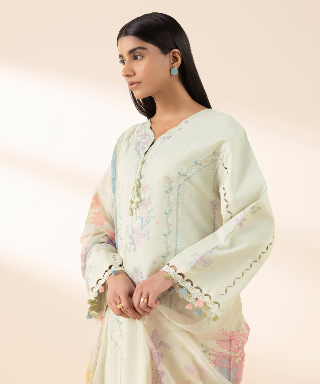 Women's Unstitched Dobby Embroidered Off White 3 Piece Suit
