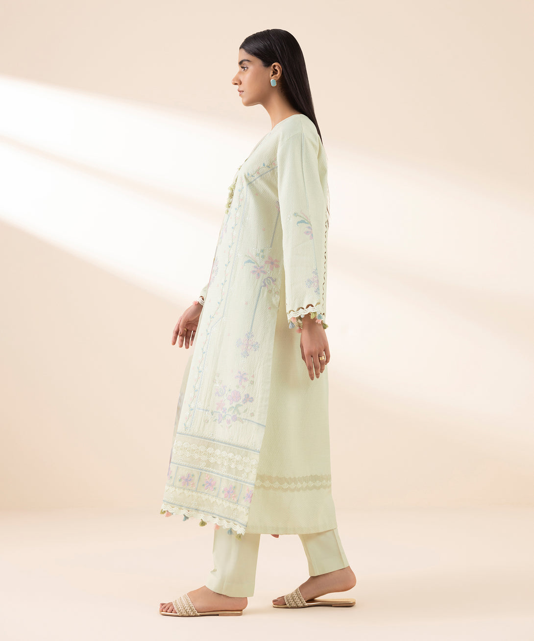 Women's Unstitched Dobby Embroidered Off White 3 Piece Suit