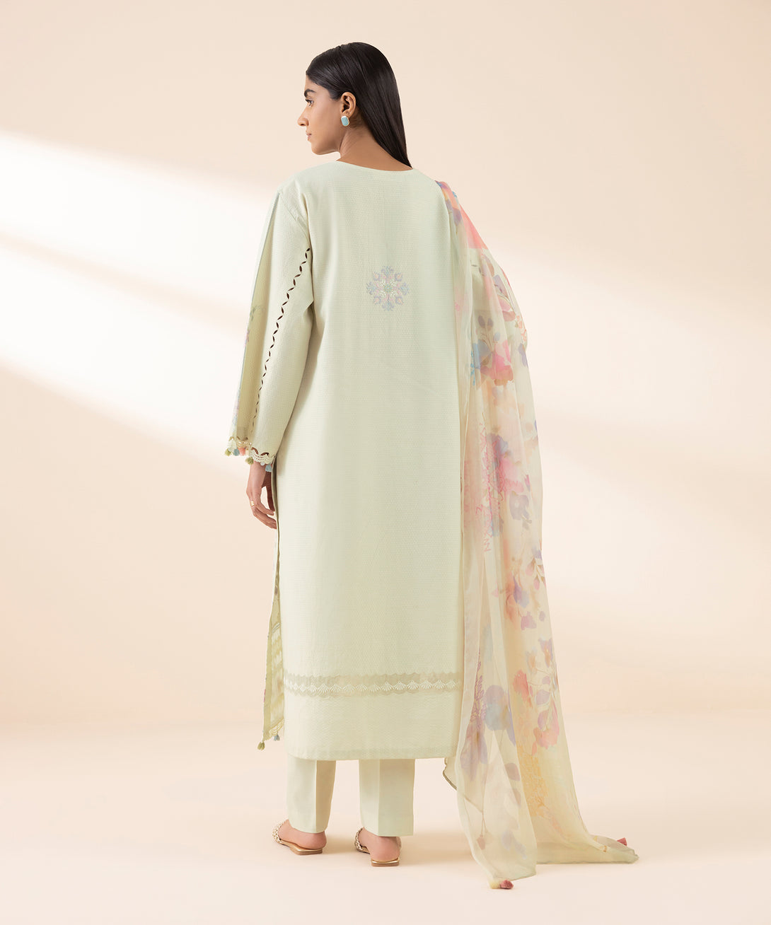Women's Unstitched Dobby Embroidered Off White 3 Piece Suit