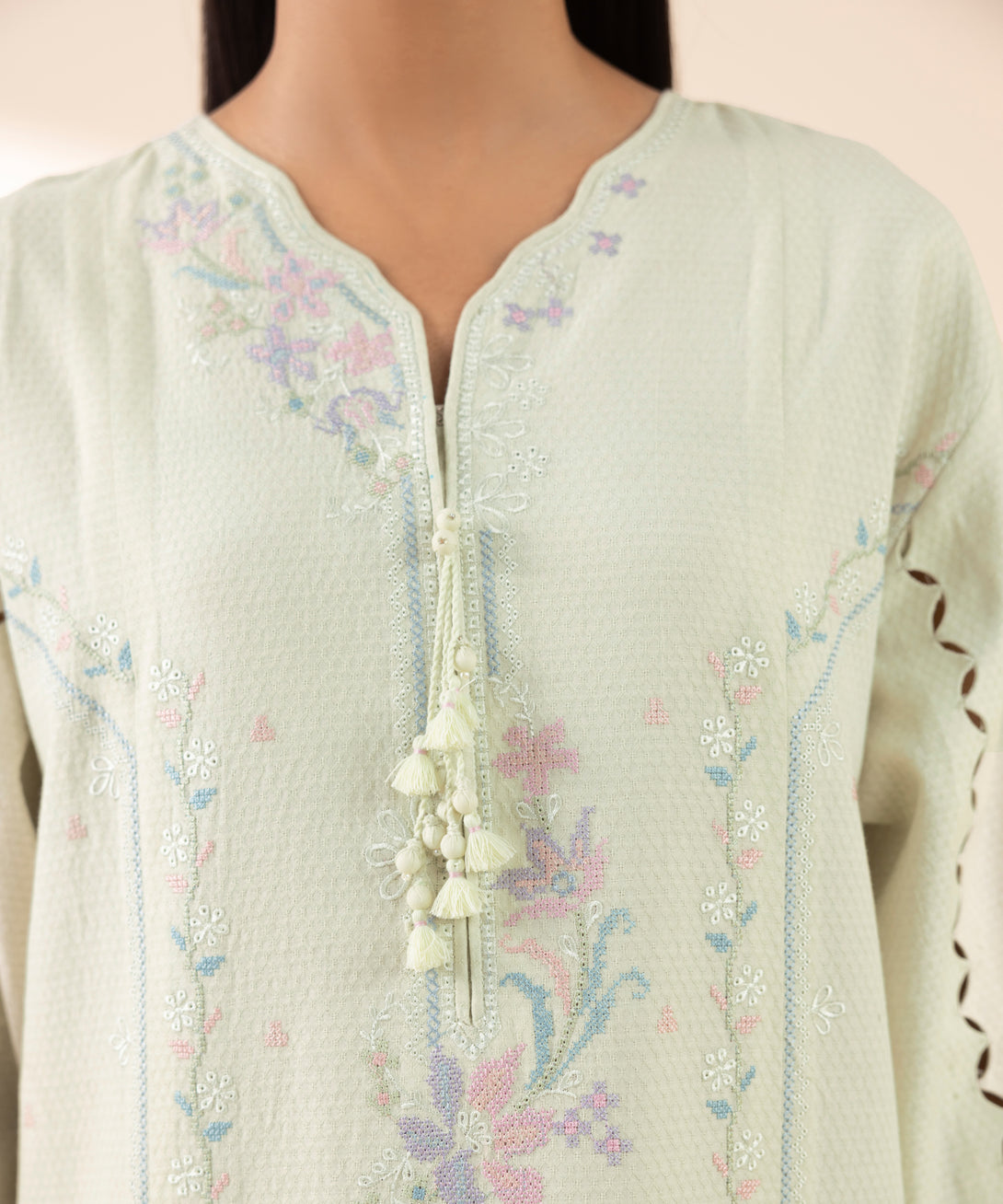 Women's Unstitched Dobby Embroidered Off White 3 Piece Suit