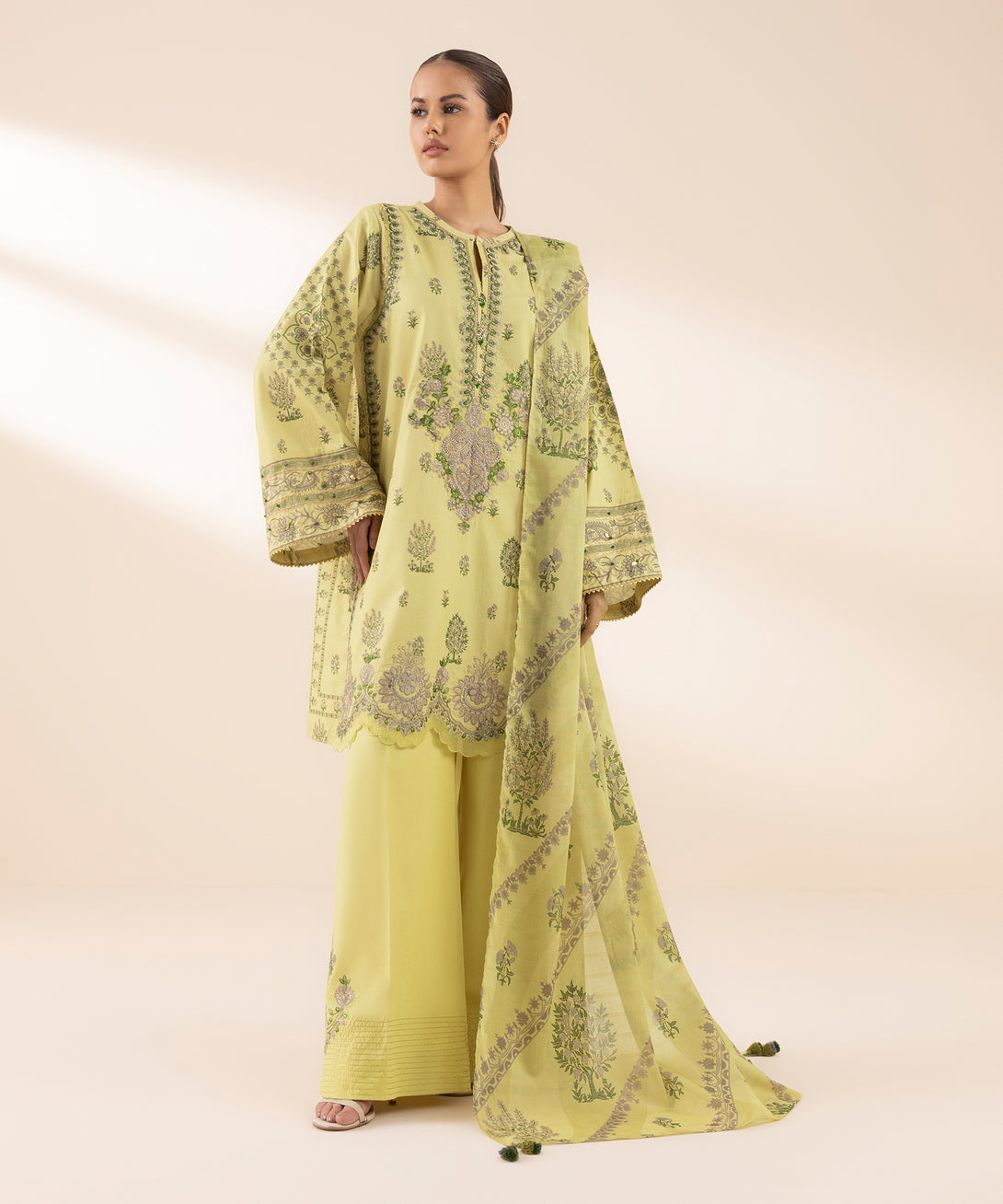 Women's Unstitched Zari Lawn Embroidered Yellow 3 Piece Suit